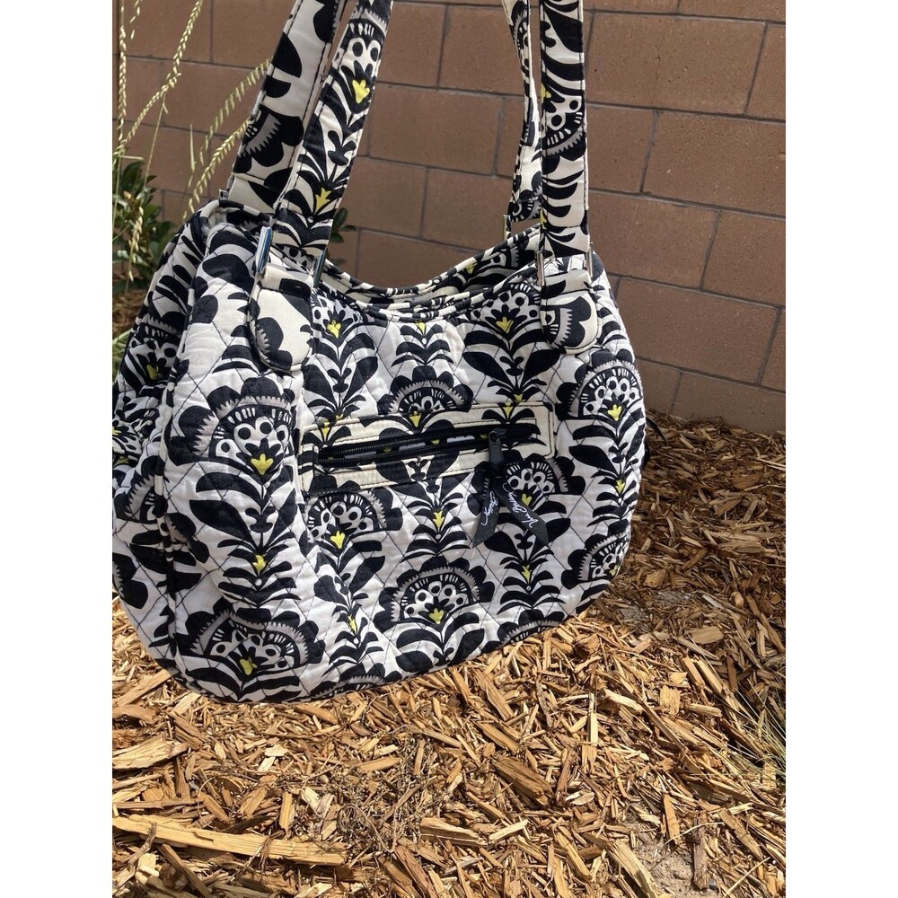 Vera Bradley Fanfare Quilted Shoulder Tote Bag Black White Yellow Retired